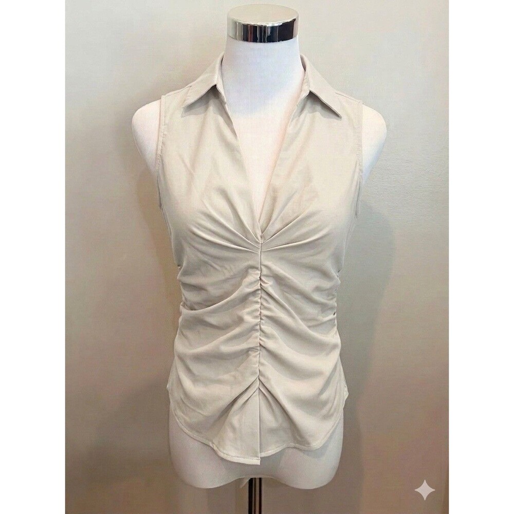 Express Design Studio Women's Tan Ruched Sleeveless V-Neck Blouse - Size Medium